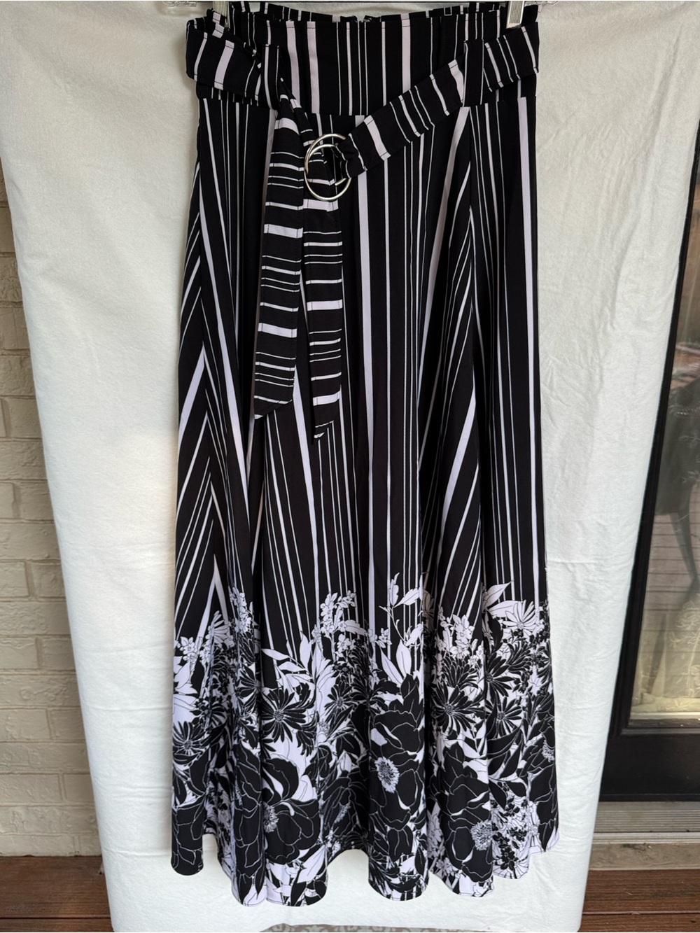 New York & Company Black and White Striped Floral Border Maxi Skirt with Belt